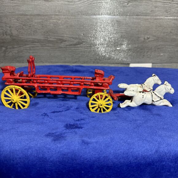 Vintage Cast Iron Horse Drawn Fire Truck Engine Wagon & 2 Horses Toy Two Pieces - Picture 1 of 16